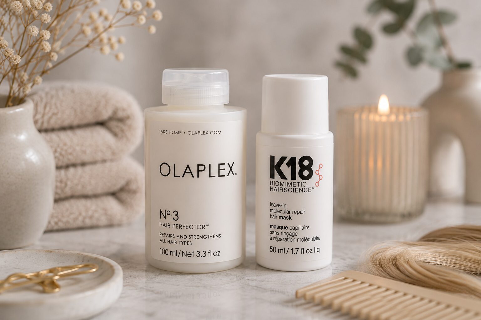Sidoshoidot Olaplex ja K18 vertailussa hiusten korjaamiseen